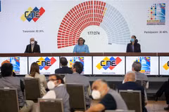 Chủ tịch Hội đồng Bầu cử Quốc gia Venezuela Indira Alfonzo (giữa) công bố kết quả chính thức cuộc bầu cử Quốc hội, tại Caracas ngày 7/12/2020. (Ảnh: THX/TTXVN)
