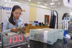 Hoạt động nghiệp vụ tại Ngân hàng TMCP Bảo Việt. (Ảnh: Trần Việt/TTXVN)