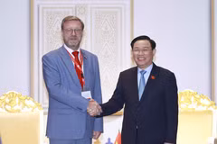 Chủ tịch Quốc hội Vương Đình Huệ gặp Phó Chủ tịch Hội đồng Liên bang Nga Konstantin Kosachev. (Ảnh: Doãn Tấn/TTXVN)