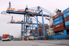 Hoạt động bốc xếp hàng hóa xuất nhập khẩu tại Cảng Hải Phòng. (Ảnh: Minh Thu/ TTXVN)