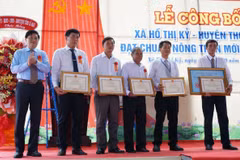 Phó chủ tịch UBND tỉnh Cà Mau Lê Văn Sử trao Bằng khen của Chủ tịch UBND tỉnh cho các tập thể, cá nhân có thành tích xuất sắc. (Ảnh: Huỳnh Anh/TTXVN)