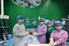Êkíp phẫu thuật thành công khối u tuyến giáp khổng lồ nặng 1,5kg. (Ảnh: TTXVN phát)