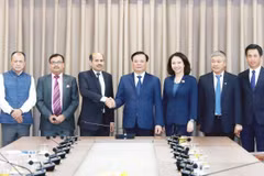 Bí thư Thành ủy Hà Nội Đinh Tiến Dũng và Đại sứ Ấn Độ Sandeep Arya cùng các đại biểu chụp ảnh chung. (Nguồn: Báo Hà Nội mới)