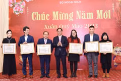 Bộ trưởng Bùi Thanh Sơn trao Bằng khen của Bộ trưởng Ngoại giao cho một số tập thể và cá nhân có thành tích xuất sắc trong công tác thông tin-tuyên truyền. (Nguồn: Báo Quốc tế)