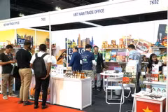 Gian hàng của Văn phòng Thương mại Việt Nam tại Malaysia tham gia Triển lãm Halal quốc tế 2024. (Ảnh: Hằng Linh/TTXVN)