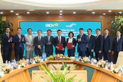 Bà Đỗ Thị Thanh Huyền-Giám đốc Ban Chính sách sản phẩm bán buôn - đại diện BIDV và ông Kim Min Ho-Tổng Giám Đốc InfoPlus ký kết biên bản ghi nhớ. (Ảnh: Vietnam+)