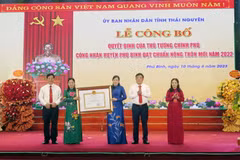 Bí thư Tỉnh ủy Thái Nguyên Nguyễn Thanh Hải trao Quyết định của Thủ tướng công nhận huyện Phú Bình đạt chuẩn nông thôn mới cho đại diện huyện. (Ảnh: Quân Trang/TTXVN)