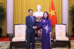 Phó Chủ tịch nước Võ Thị Ánh Xuân tiếp ngài Nhem Valy, Phó Chủ tịch Thường trực kiêm Tổng Thư ký Hội đồng Quốc gia Mặt trận đoàn kết phát triển Tổ quốc Campuchia. (Ảnh: Văn Điệp/TTXVN)