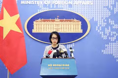 Người Phát ngôn Bộ Ngoại giao Phạm Thu Hằng chủ trì họp báo tháng 8 năm 2023. (Ảnh: Phạm Kiên/TTXVN)