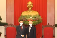Tổng Bí thư Nguyễn Phú Trọng tiếp Chủ tịch Quốc hội Lào Xaysomphone Phomvihane. (Ảnh: Trí Dũng/TTXVN)
