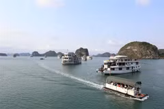 Tàu tham quan trên vịnh Hạ Long. (Ảnh: Huy Hùng/TTXVN)