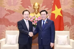 Chủ tịch Quốc hội Vương Đình Huệ tiếp Tổng Giám đốc phụ trách tài chính Tập đoàn Samsung Park Hark Kyu. (Ảnh: Doãn Tấn/TTXVN)