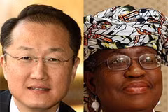 Ứng cử viên Jim Jong Kim (Mỹ) và ứng cử viên Ngozi Okonjo-Iweala (Nigeria). (Nguồn: Internet)