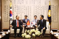 Chủ tịch Ủy ban Trung ương Mặt trận Tổ quốc Việt Nam Nguyễn Thiện Nhân gặp Chủ tịch Hạ viện Hàn Quốc Chung Sye-kyun. (Ảnh: Yonhap/TTXVN)