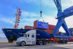 Bốc dỡ container lên tàu Tan Cang Foundation, quận Cái Răng, thành phố Cần Thơ. (Ảnh: Thanh Liêm/TTXVN)