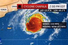 Siêu bão Chapala chuẩn bị đổ bộ vào Yemen và Oman. (Nguồn: weather.com)