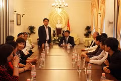 Phó Chủ nhiệm Ủy ban Quốc phòng và An ninh Trần Đình Nhã phát biểu tại buổi làm việc ở Đại sứ quán Việt Nam tại Berlin. (Ảnh: Mạnh Hùng/Vietnam+)