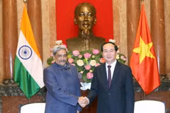Chủ tịch nước Trần Đại Quang tiếp Ngài Manohar Parrikar, Bộ trưởng Quốc phòng Ấn Độ đến chào xã giao. (Ảnh: Nhan Sáng​/TTXVN)
