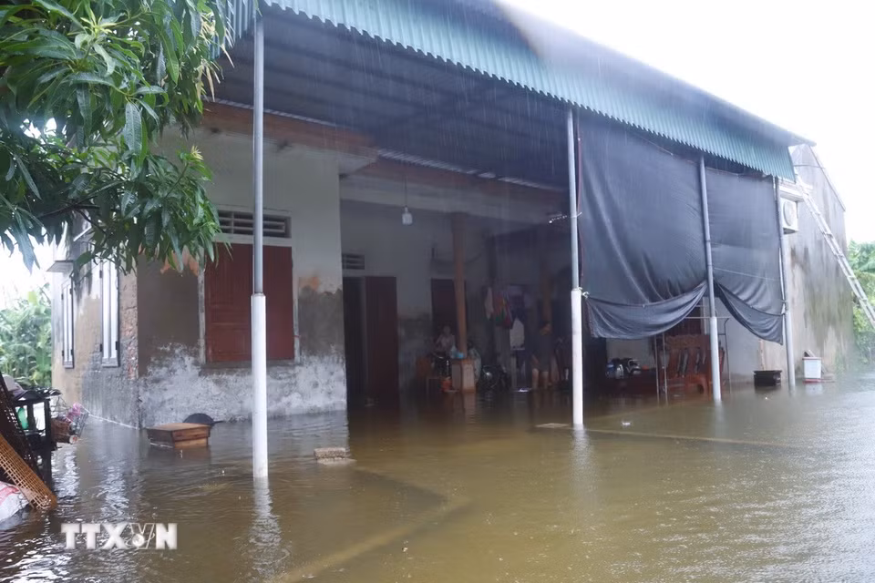Nhà dân bị ngập nặng, nước dâng ngập toàn bộ sân và tràn vào hiên nhà. (Ảnh: Xuân Tiến/TTXVN)