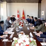 Bộ trưởng Ngoại giao Lê Hoài Trung hội đàm với Bộ trưởng Ngoại giao Canada Anita Anand. (Ảnh: TTXVN phát)
