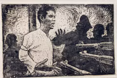 Tranh về anh Nguyễn Văn Trỗi của tác giả Hoàng Đạo Khánh, tranh khắc gỗ, năm 1965. (Ảnh: Bảo tàng Mỹ thuật Việt Nam)