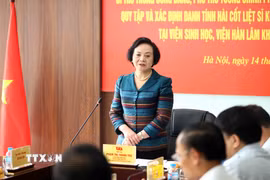 Bí thư Trung ương Đảng, Phó Thủ tướng Phạm Thị Thanh Trà phát biểu tại cuộc làm việc với Trung tâm Giám định ADN thuộc Viện Sinh học (Viện Hàn lâm Khoa học và Công nghệ Việt Nam). (Ảnh: An Đăng/TTXVN)