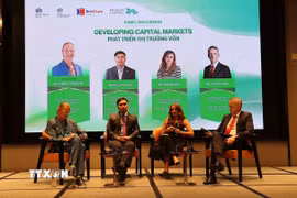 Các diễn giả tham gia phiên thảo luận với chủ đề “Phát triển thị trường vốn”, tập trung vào việc củng cố hạ tầng thị trường và thu hút đầu tư. (Ảnh: Hứa Chung/TTXVN)