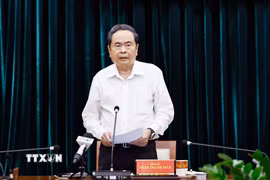 Ủy viên Bộ Chính trị, Chủ tịch Quốc hội Trần Thanh Mẫn, Trưởng Đoàn kiểm tra, giám sát số 220 của Bộ Chính trị phát biểu. (Ảnh: Doãn Tấn/TTXVN)
