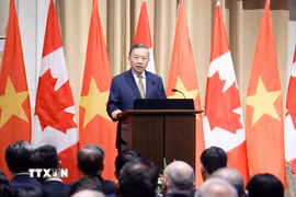 Tổng Bí thư, Chủ tịch nước Tô Lâm phát biểu chính sách "Quan hệ đối tác chiến lược Việt Nam-Canada trong bối cảnh thế giới đầy biến động”. (Ảnh: Thống Nhất/TTXVN)
