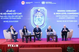 Các đại biểu quốc tế tham dự tọa đàm Hợp tác toàn cầu phòng, chống lừa đảo trực tuyến. (Ảnh: TTXVN)