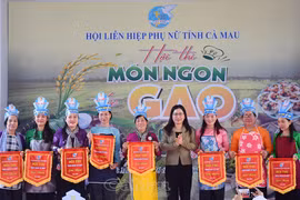 Trao cờ lưu niệm cho các đội tham gia hội thi. (Nguồn: Báo Cà Mau)