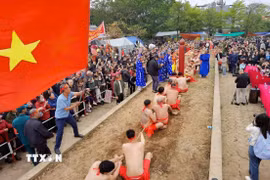Nghi lễ và thực hành trò chơi kéo co ngồi Đền Trấn Vũ diễn ra vào ngày 3/3 âm lịch hằng năm. (Ảnh: Thanh Tùng/TTXVN)