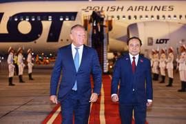 Bộ trưởng Bộ Khoa học và Công nghệ Vũ Hải Quân đón Thủ tướng Cộng hòa Ba Lan Donald Tusk tại sân bay Quốc tế Nội Bài (Hà Nội). (Ảnh: Minh Đức/TTXVN)