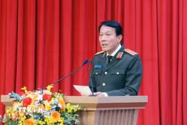 Đại tướng Lương Tam Quang, Ủy viên Bộ Chính trị, Bộ trưởng Bộ Công an phát biểu. (Ảnh: Phạm Kiên/TTXVN)