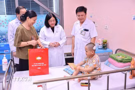 Chủ tịch Ủy ban Trung ương MTTQ Việt Nam Bùi Thị Minh Hoài thăm hỏi, tặng quà cho bệnh nhi. (Ảnh: Minh Đức/TTXVN)