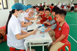 Đo huyết áp cho học sinh trường Tiểu học Chu Văn An, phường Nam Định (Ninh Bình). Ảnh: Nguyễn Lành - TTXVN 
