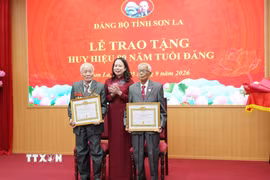Phó Chủ tịch nước Võ Thị Ánh Xuân trao tặng Huy hiệu 80 năm tuổi Đảng cho các đảng viên Sa Đình Bình (bên phải) và Nguyễn Văn Tân (bên trái). (Ảnh: Nguyễn Cường/TTXVN)