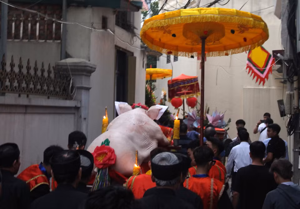 Không chỉ dân địa phương mà hàng ngàn người từ nhiều nơi đổ về La Phù xem lễ rước lợn một năm mới có một lần. (Ảnh: Hồng Ngọc/ Vietnam+)
