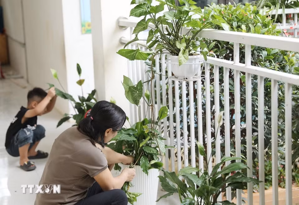 Giáo viên Trường Mầm non Thu Lũm chỉnh trang lại khuôn viên trường chuẩn bị cho năm học mới. (Ảnh: Quý Trung/TTXVN)