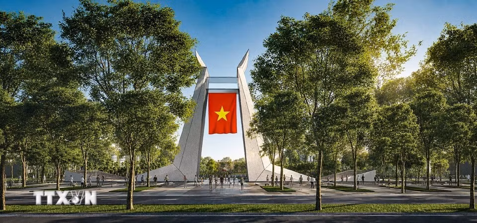 Công trình biểu tượng "Khải hoàn môn," lấy cảm hứng từ đôi cánh chim hạc đang vươn lên, tạo điểm nhấn kết thúc trục đô thị khu phố cổ và mở ra trục không gian mới về phía Nam. (Ảnh: TTXVN phát)