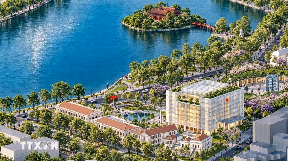 Theo phương án chỉnh trang, tái thiết khu vực hồ Hoàn Kiếm thì trụ sở Hội đồng Nhân dân, Ủy ban Nhân dân thành phố, Rạp Khăn quàng đỏ và khối nhà Cung Thiếu nhi được nghiên cứu hạ giải.(Ảnh: TTXVN phát)