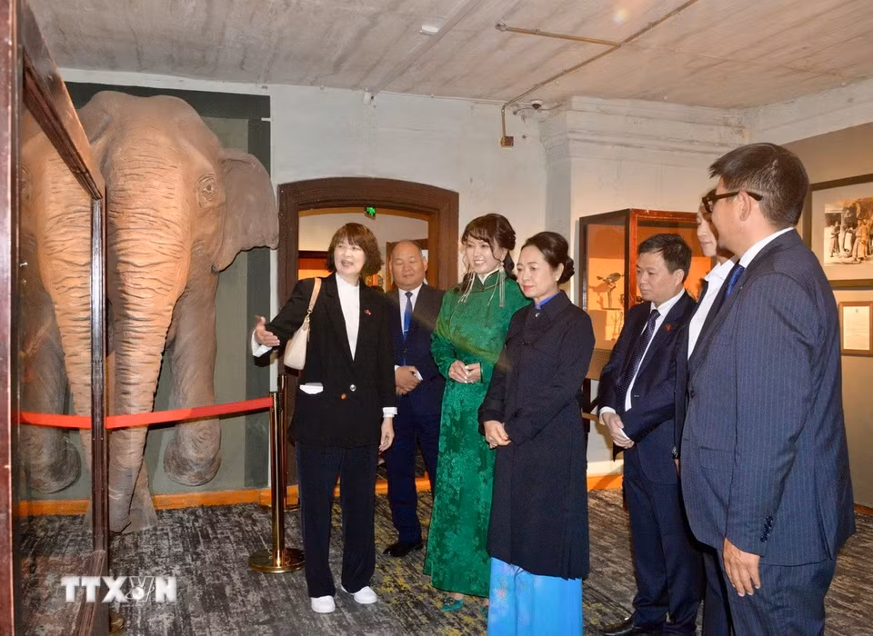 Phu nhân Nguyễn Thị Thanh Nga và Phu nhân Gantsetseg Tsendsuren tham quan quần thể Cung điện Hoàng đế Bogd VII và Cung điện mùa Đông. (Ảnh: TTXVN phát)