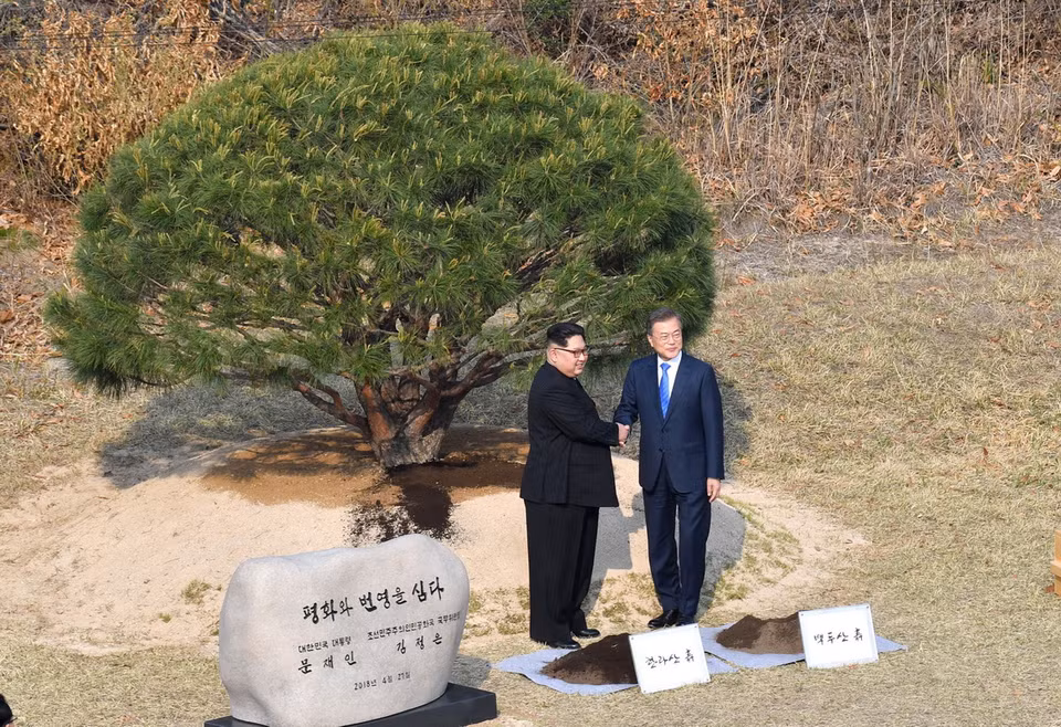 Tổng thống Hàn Quốc Moon Jae-in và nhà lãnh đạo Triều Tiên Kim Jong-un chụp ảnh lưu niệm sau khi trồng cây. (Nguồn: Yonhap/TTXVN)