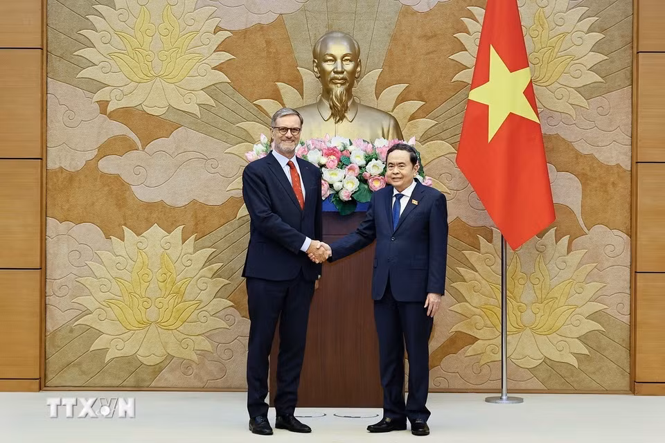 Chủ tịch Quốc hội Trần Thanh Mẫn tiếp Đại sứ đặc mệnh toàn quyền Cộng hòa Pháp tại Việt Nam Olivier Brochet. (Ảnh: Doãn Tấn/TTXVN)