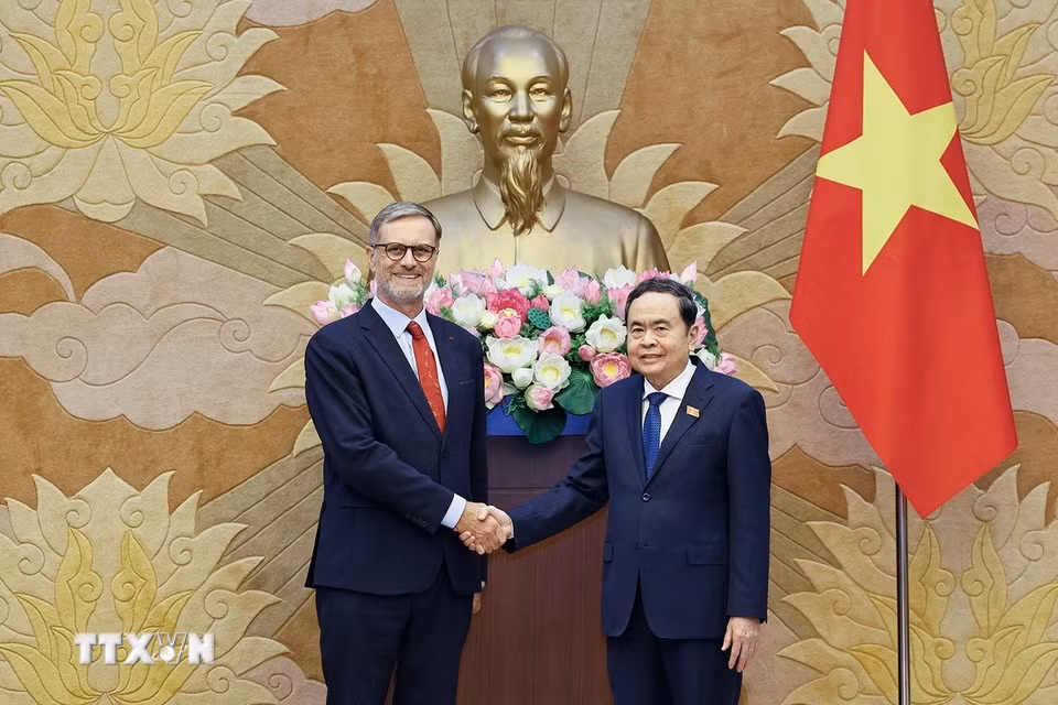 Chủ tịch Quốc hội Trần Thanh Mẫn tiếp Đại sứ đặc mệnh toàn quyền Cộng hòa Pháp tại Việt Nam Olivier Brochet. (Ảnh: Doãn Tấn/TTXVN)