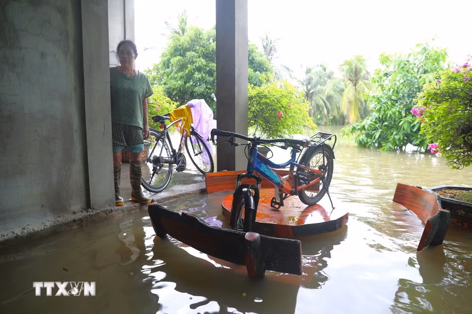 Dù móng nhà khá cao nhưng nước lũ dâng nhanh đã gần tràn vào nền nhà của một hộ dân. (Ảnh: Xuân Tiến/TTXVN)