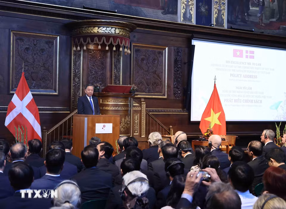 Tổng Bí thư, Chủ tịch nước Tô Lâm phát biểu chính sách tại Đại học Copenhagen (Đan Mạch). (Ảnh: Thống Nhất/TTXVN)