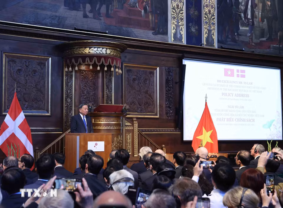 Tổng Bí thư, Chủ tịch nước Tô Lâm phát biểu chính sách tại Đại học Copenhagen (Đan Mạch). (Ảnh: Thống Nhất/TTXVN)