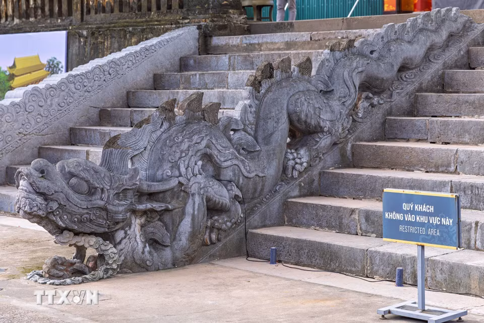 Bộ thành bậc phía Nam Điện Kính Thiên, một trong những dấu tích nguyên gốc đặc biệt quan trọng còn lại của chính điện thời Lê sơ. Bộ thành bậc gồm hai thành chạm rồng ở giữa và hai thành chạm mây hóa rồng ở hai bên, tạo thành ba lối lên xuống; lối chính giữa nằm trên trục Ngự đạo và dành cho nhà vua. Bộ thành bậc được tạo tác dưới thời vua Lê Thánh Tông và đã được công nhận là Bảo vật quốc gia. (Ảnh: Phạm Tuấn Anh/TTXVN)