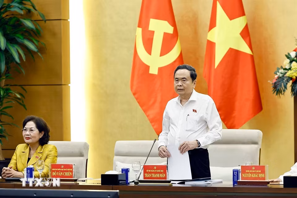 Ủy viên Bộ Chính trị, Bí thư Đảng ủy Quốc hội, Chủ tịch Quốc hội Trần Thanh Mẫn phát biểu. (Ảnh: Doãn Tấn/TTXVN)